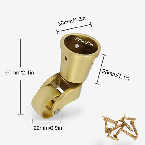 Solid Brass Furniture Casters Straight Up Heavy Duty Swivel Wheels Vintage Round Cup Base dimensions with screws shown.