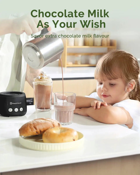 No Sweat Electric Milk Steamer And Frother Game Changer For Coffee Lovers Generating Top Shelf Barista Level Creamy Foam pouring chocolate milk into a glass next to a child and bagels.