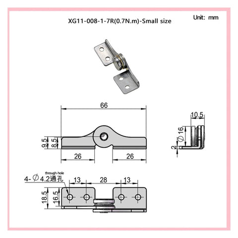 Flozari 304 stainless steel rotary shaft torque hinge, 1pc, front view with mounting flanges and dimensions.