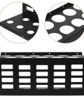 Heavy Duty Wall Mount Caulk Tube Holder Rack Holds Eleven Adhesive Cartridges Upright, black metal design with circular cutouts.