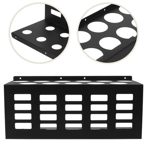 Heavy Duty Wall Mount Caulk Tube Holder Rack Holds Eleven Adhesive Cartridges Upright, black metal design with circular cutouts.