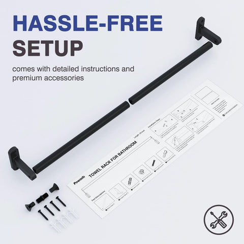 Matte Black 24 Inch Wall Mounted Towel Rack With Rustproof Aluminum Construction shown with installation accessories and instructions