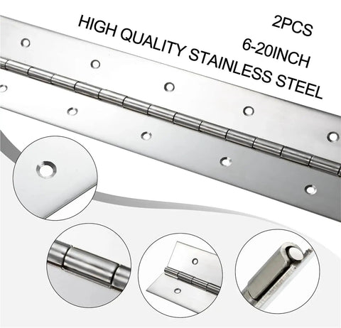 Heavy Duty Stainless Steel Piano Hinges 6 To 20 Inch Continuous Hinge with close-up views, 304 Grade 2 pack