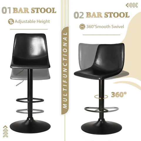 Modern Adjustable Counter Height Swivel Bar Stools Set Of 4 With Backrest Faux Leather Upholstery Black 360 Degree Rotation