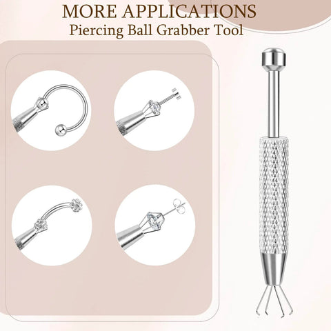 2 Pack Piercing Ball Grabber Tool For Changing Jewelry with anti slip 4 claw grip shown in multiple applications