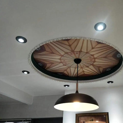 Thin Round LED recessed spot lights in a decorative ceiling with a pendant light. DJVHSRI Recessed Lighting Housing Trim Kits Adjustable Angle Ceiling Downlight.