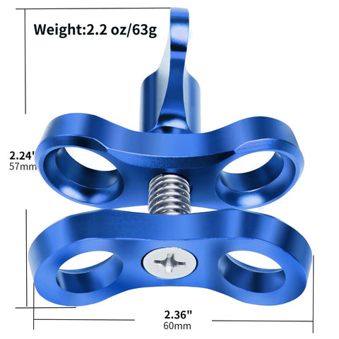 Two Hole 1 Inch Aluminum Underwater Camera Clamp Ball Mount Set for Dive Light Arms and Camera Trays Saltwater Resistant Bracket, blue