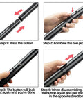 Assembly instructions for Beefy Heavy Duty Tent Poles for Tarp 90 Inch Set Thick 25mm Diameter 0.98 Inch Poles showing button mechanism.