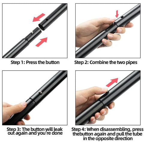Assembly instructions for Beefy Heavy Duty Tent Poles for Tarp 90 Inch Set Thick 25mm Diameter 0.98 Inch Poles showing button mechanism.