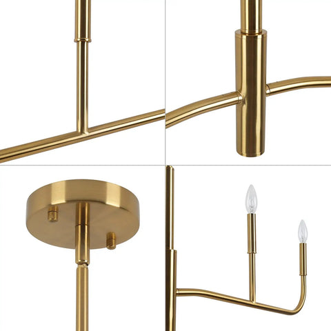 Close-up of Dope 4 Light Linear Chandelier In Brushed Gold For Modern Farmhouse Kitchens, detailing brass arms and candlestick style