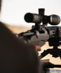 Rifle mounted on Beefed Up Ambidextrous Turret Rest With Adjustable Swivel under shooting conditions, emphasizing stability.