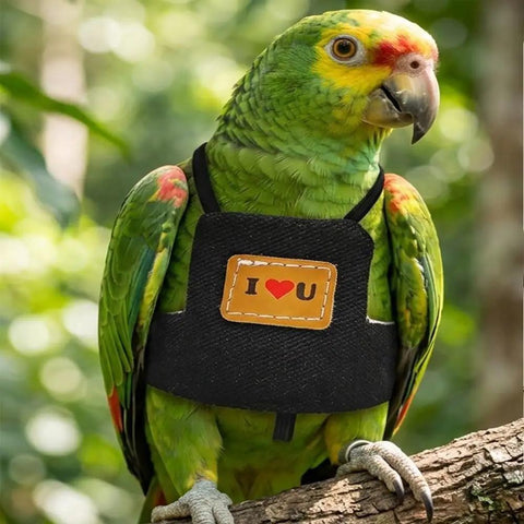 Parrot wearing Adjustable Bird Flight Suit Harness Escape Proof Design With Anti Bite Straps in a natural setting.