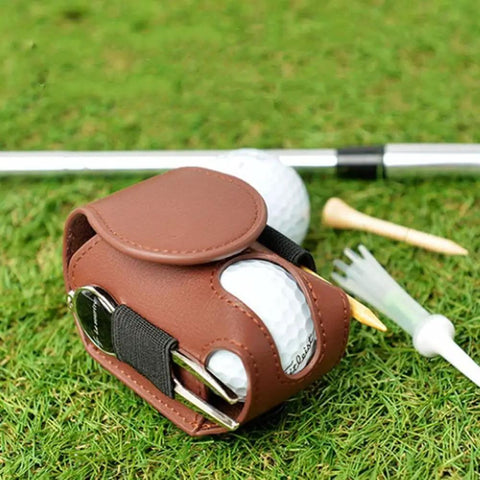 Premium Leather Golf Ball Pouch With Tee Holder Mini Pocket Belt Bag Clip On Waist Storage on grass with golf ball and tees