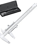 Vernier Caliper 6 Inch Non Digital Measuring Tool With Inside Outside Depth And Step Measurements High Precision Caliper 0.02mm 0.001 Inch Ideal For Metalworking And DIY Projects Durable Carbon Steel Construction, open case and caliper
