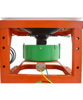Close-up of electric fertilizer spreader, showing the front mount and 12V 180W motor structure for ATV and tractor use