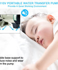 Child sleeping peacefully beside 110V water transfer pump, highlighting noise reduction and stability features for home use.