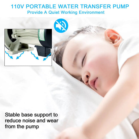 Child sleeping peacefully beside 110V water transfer pump, highlighting noise reduction and stability features for home use.
