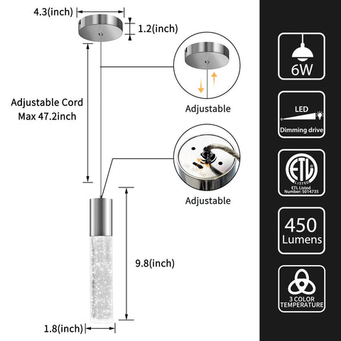 Upgrade Your Kitchen Or Bar With These Slick Chrome Led Bubble Crystal Pendant Lights Featuring Simple 3Cct Color Switches And Timeless Modern Designs Solid 3 Pack Gear For Effortless Ambient Glow dimensions diagram showing adjustable heights and specifications.