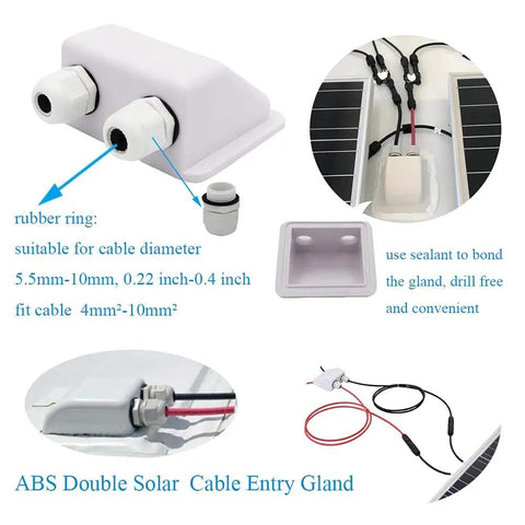 Drill Free Solar Panel Mounting Brackets Kit 7 Piece ABS Corner Brackets with cable entry gland shown, suitable for RV roofs.