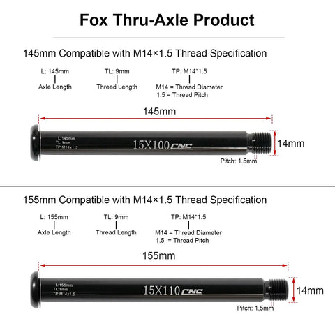 Front Hub Thru Axle 15x100mm And 15x110mm For Fox SC32 34 36 38 40 Forks Mountain And Road Bikes Aluminum 6061 T6 Machined M14x1.5 Thread 145mm 155mm Length Beefy Quick Release Adapter Beefy Front Axle shown with measurements and specifications.