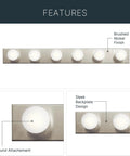 Top Shelf 36 Inch Bathroom Vanity Light Fixture With Brushed Nickel Finish Offering Straight Up Easy Installation And Rock Solid Build Quality For 6 Light Damp Rated Rooms features six round bulbs and sleek design.