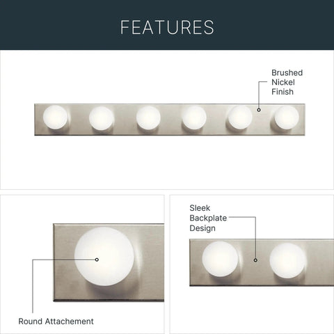 Top Shelf 36 Inch Bathroom Vanity Light Fixture With Brushed Nickel Finish Offering Straight Up Easy Installation And Rock Solid Build Quality For 6 Light Damp Rated Rooms features six round bulbs and sleek design.