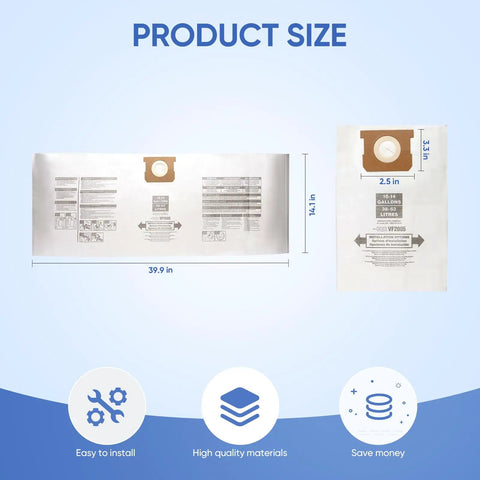 Product size of 12 Pack Shop Vac Vacuum Bags For 10 14 Gallon Heavy Duty Type F And Type I with dimensions and features.