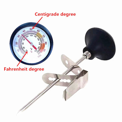 Thermometer pen for Pro Grade Milk Frothing Pitcher With Precision Pour Spout, displaying Celsius and Fahrenheit scales.