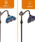 Tiffany Style Stained Glass Floor Lamp 62 Inch Tall With Blue Dragonfly Shade, light on and off comparison, arched design