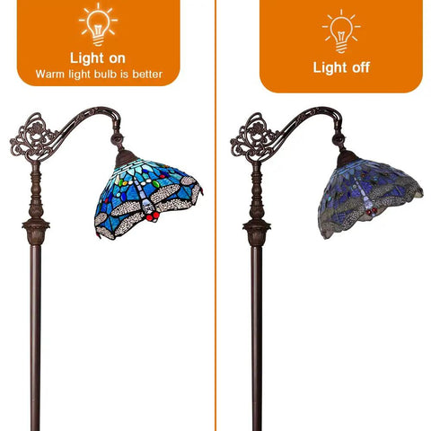 Tiffany Style Stained Glass Floor Lamp 62 Inch Tall With Blue Dragonfly Shade, light on and off comparison, arched design