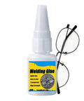 Heavy Duty Eyeglasses Repair Glue For Busted Frames Yields Hella Tough Rock Solid Bond Quick Dry Formula next to broken glasses.
