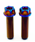 Top Shelf Grade 5 M8 Titanium Screws 4 Pack Burning Blue Torx Flange Head Bolts Heavy Duty Corrosion Resistant Fasteners Straight Up Built For Custom Motorcycle Models And Bike Mods - close-up of two blue titanium screws.