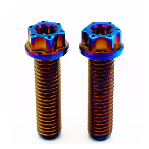 Top Shelf Grade 5 M8 Titanium Screws 4 Pack Burning Blue Torx Flange Head Bolts Heavy Duty Corrosion Resistant Fasteners Straight Up Built For Custom Motorcycle Models And Bike Mods - close-up of two blue titanium screws.