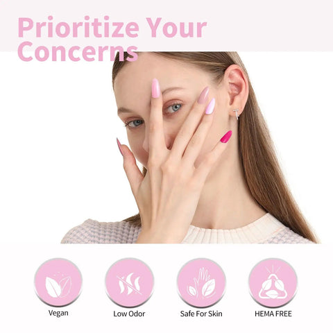 Model with Light Pink Hema Free Gel Nail Polish Set 9ml Six Pack Light Pink Soak Off LED Gel Polish Kit on nails.