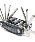 16 In 1 Motorcycle And Bicycle Repair Tool Kit with compact folding screwdriver and hex wrenches visible.