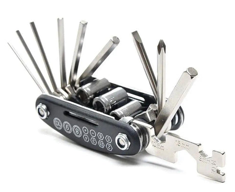 16 In 1 Motorcycle And Bicycle Repair Tool Kit with compact folding screwdriver and hex wrenches visible.