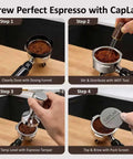 Ultimate 4 In 1 Espresso Accessories Kit For 51mm Portafilters With WDT Tool, Espresso Tamper, Puck Screen And Magnetic Dosing Ring shown in steps