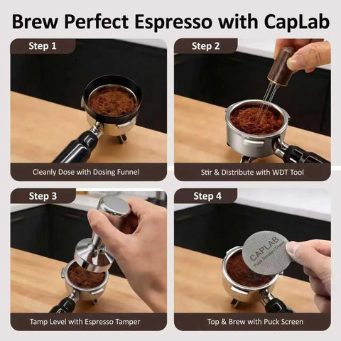Ultimate 4 In 1 Espresso Accessories Kit For 51mm Portafilters With WDT Tool, Espresso Tamper, Puck Screen And Magnetic Dosing Ring shown in steps