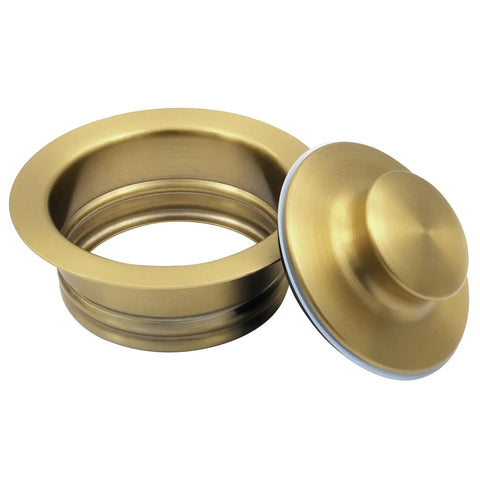 Golden Stainless Steel Garbage Disposal Flange And Sink Stopper For Three And One Half Inch Drain Hole Dope Frosted Gold Finish That Resists Discoloration Easy Install Kitchen Sink Accessory showing a flange and stopper