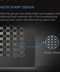 Close-up of Grinder Card Manual Pepper And Spice Grater Tool in Black Aluminum showing ultra-sharp grater blade.