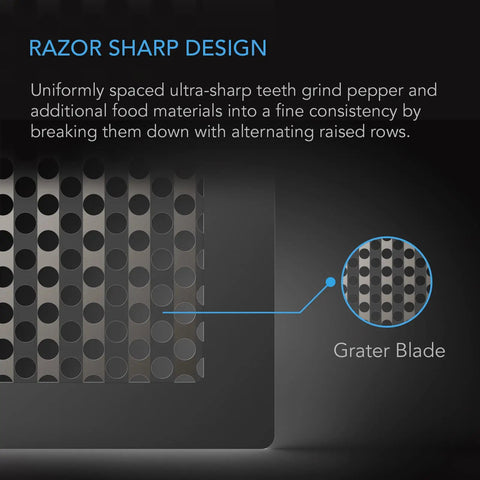 Close-up of Grinder Card Manual Pepper And Spice Grater Tool in Black Aluminum showing ultra-sharp grater blade.