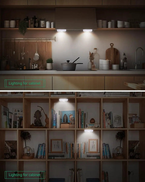 Bright Wireless COB LED Night Light Switches With 200 Lumen Output installed under kitchen cabinet and bookshelf for lighting
