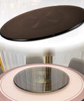 Heavy Duty 39 Inch Round Lazy Susan Turntable For Dining Table Top Hella Smooth Spin shown on a dining table with brown glass.