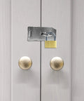 2 Pieces Stainless Steel Gate Lock Hasp Set installed on cabinet doors, 3 inch, silver, polished surface, for enhanced home security