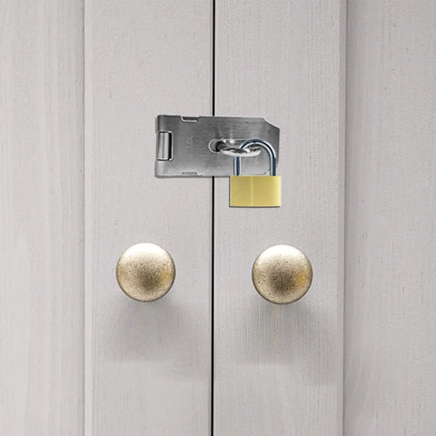 2 Pieces Stainless Steel Gate Lock Hasp Set installed on cabinet doors, 3 inch, silver, polished surface, for enhanced home security