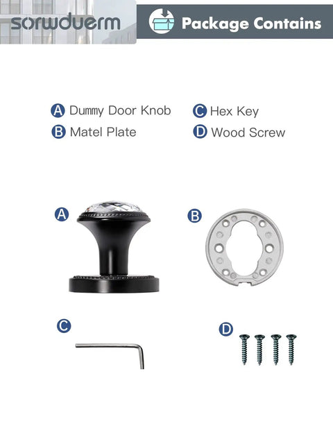 Gold Interior Privacy Glass Door Knob With Lock For Bedroom And Bathroom, showing dummy knob, matel plate, hex key, and screws.