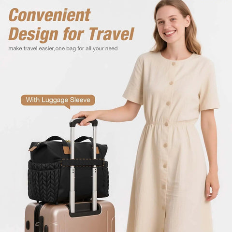Woman holding luggage with Large Waterproof Diaper Tote Bag For Hospital Labor Delivery With Pacifier Case And Changing Pad