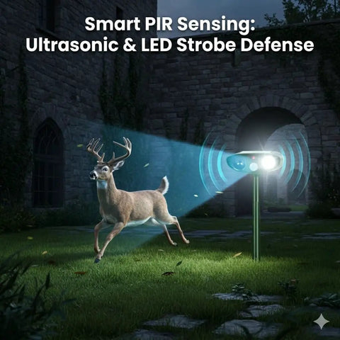Solar Ultrasonic Deer Repellent Device With Motion Sensor Deterrent For Your Yard Protect Plants From Deer Rabbits Squirrels And Other Wildlife For Easy Install And Weather Resistant Outdoor Use in garden at night