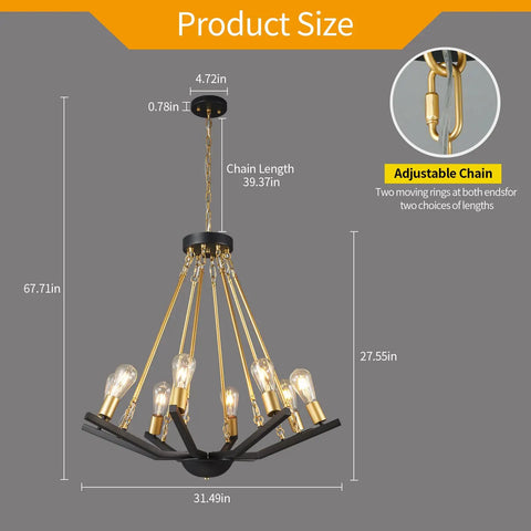 Black Gold Eight Light Farmhouse Chandelier For Dining Room Kitchen Island Foyer And Living Room Rustic Industrial Iron Ceiling Fixture With Modern Rustic Finish measuring 67.7 inches tall with adjustable chain