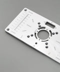 Pro Grade Heavy Gauge Aluminum Router Table Insert Plate With Four Quick Swap Rings And Secure Mount Screws For Woodworking Trim Machines showing detailed measurements and mounting holes.